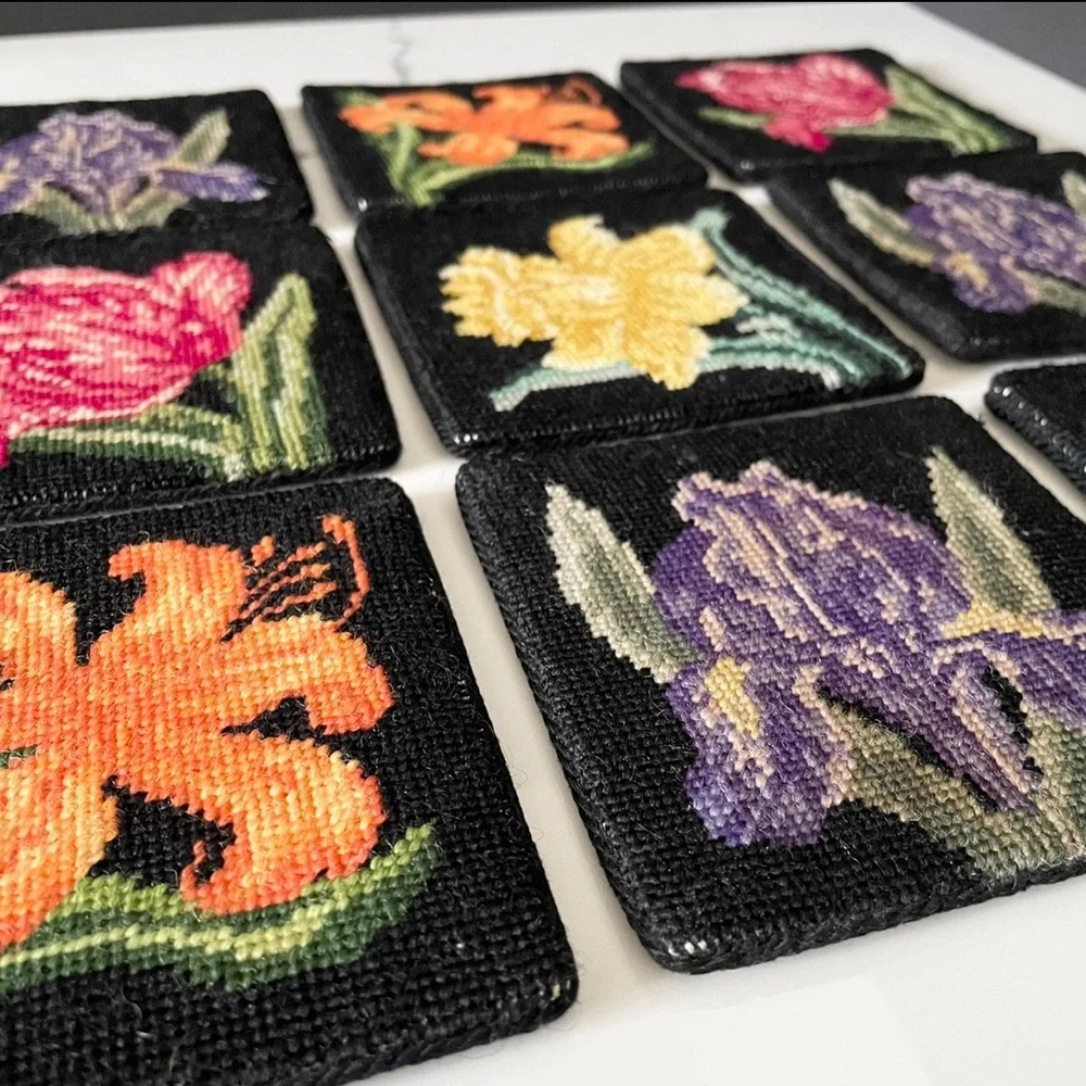 SET of 12 Floral Needlepoint Coasters